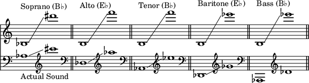 << \new Staff { \override Score.TimeSignature #'stencil = ##f \cadenzaOn bes1^"Soprano (B♭)"\glissando dis''' \bar "||" bes^"Alto (E♭)"\glissando f''' \bar "||" bes^"Tenor (B♭)"\glissando f''' \bar "||" bes^"Baritone (E♭)"\glissando ees''' \bar "||" bes^"Bass (B♭)"\glissando ees'''! \bar "||" }
\new Staff { \clef bass aes_"Actual Sound"\glissando \clef treble cis''' \clef bass des\glissando \clef treble aes'' \clef bass aes,\glissando \clef treble ees'' \clef bass des,\glissando \clef treble ges' \clef bass aes,, \clef treble des' } >>