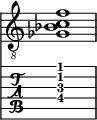  
<<
  %\override Score.BarLine.break-visibility = ##(#f #t #t)
  \time 1/1
    \new Staff  {
    \clef "treble_8"
        \once \override Staff.TimeSignature #'stencil = ##f
        <  ges bes c' f'>1
    }

     \new TabStaff {
       \override Stem #'transparent = ##t
       \override Beam #'transparent = ##t 
      <  fis\4 ais\3 c'\2 f'\1>1
  }
>>
