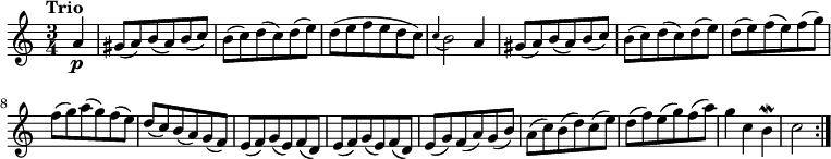 
\version "2.18.2"
\relative c'' {
  \key a \minor
  \time 3/4
  \tempo "Trio "
  \tempo 4 = 138
  \set Staff.midiInstrument = "string ensemble 1"
  \partial 4 a\p
  gis8 (a) b (a) b (c)
  b (c) d (c) d (e) 
  d (e f e d c)
  \grace c4 (b2) a4
  gis8 (a) b (a) b (c)
  b (c) d (c) d (e) 
  d (e) f (e) f (g) 
  f (g) a (g) f (e)
  d (c) b (a) g (f) 
  e (f) g (e) f (d) 
  e (f) g (e) f (d) 
  e (g) f (a) g (b) 
  a (c) b (d) c (e) 
  d (f) e (g) f (a) 
  g4 c, b\mordent
  c2 \bar ":|."
}
