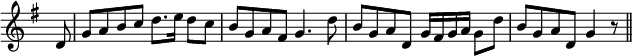 { \override Score.BarNumber #'break-visibility = #'#(#f #f #f) \override Score.Rest #'style = #'classical \override Score.TimeSignature #'stencil = ##f \time 4/4 \partial 8 \key g \major \relative d' { d8 | g a b c d8. e16 d8 c | b g a fis g4. d'8 | b g a d, g16 fis g a g8 d' | b g a d, g4 r8 \bar "||" } }