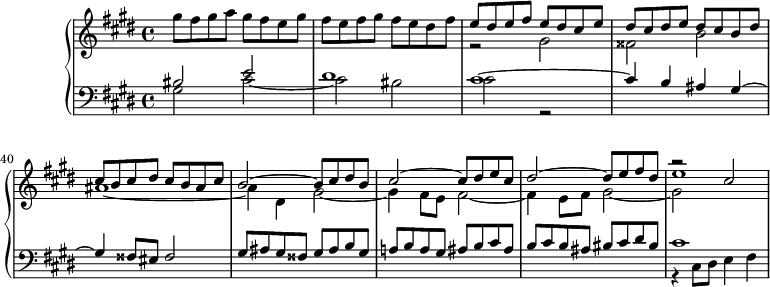 
\version "2.18.2"
\header {
  tagline = ##f
}
upper = \relative c''' {
  \clef treble 
  \key cis \minor
  \time 4/4
  \tempo 4 = 110
  %\autoBeamOff
  \set Score.currentBarNumber = #36

    gis8 fis gis a gis fis e gis fis e fis gis fis e dis fis 
    << { e dis e fis e dis cis e dis cis dis e dis cis b dis cis b cis dis cis b ais cis } \\ { r2 gis2 fisis b ais1~ } >>
    << { b2~ b8 cis dis b cis2~ cis8 dis e cis dis2~ dis8 e fis dis e1 } \\ { ais,4 dis, gis2~ gis4 fis8 e fis2~ fis4 e8 fis gis2~ gis~ } \\ { s1*3 r2 cis2 }  >>
    

}

lower = \relative c' {
  \clef bass
  \key cis \minor
  \time 4/4

    << { bis2 e dis1 cis~ cis4 b ais gis~ gis fisis8 eis fisis2 } \\ { gis2 cis~ cis bis cis r2 } >>
    << { gis8 ais gis fisis gis ais b gis | a! b a gis  ais b cis ais | b cis b ais  bis cis dis bis } \\ {} >>
    << { cis1 } \\ { r4 cis,8 dis e4 fis } >>

}

\score {
  \new PianoStaff <<
    % \set PianoStaff.instrumentName = #"BWV 849"
    \new Staff = "upper" \upper
    \new Staff = "lower" \lower
  >>
  \layout {
    \context {
      \Score
      \remove "Metronome_mark_engraver"
    }
  }
  \midi { }
}
