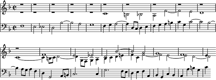  
{ 
<< << 
\new Staff { \clef treble \key f \major \tempo 4=120 \set Staff.midiInstrument = "flute" {
      \set Score.tempoHideNote = ##t
      \override Score.BarNumber  #'transparent = ##t 
      \time 2/2
      \relative c
      << { r1 | r | r | r | r | %5
        r | r | r | r | r | %10
        r | f'1 | e2 es | d bes'~ | bes a | %15
        g1 | f | e4 } \\ { r1 | r | r | r | r | %5
        c1 | b2 bes | a f'~ | f e | d1 | %10
        c1~ | c4 b8 c d2~ | d4 g,8 f g4 a | bes c d e! | f c f2~ | %15
        f e2~ | e d2~ | d } >>
    }
  }
\new Staff { \clef bass \key f \major \set Staff.midiInstrument = "flute" {
     \relative c
     { f1 | e2 es | d bes'~ | bes a | g1 | %5
       f4 g a2~ | a4 d,8 c d4 e | f g a b | c g c2~ | c bes~ | %10
       bes4 a8 g a4 f | d g,2 a8 b | c2. c4 | g'2. f8 e | d4 e f a, | %15
       bes g c bes | a a' b g | c
     }
    }
  }
>> >>
}
