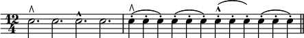 { \time 12/4 \override Score.Clef #'stencil = ##f \clef bass
 e2.^\rtoe e e^^ e |
 e4-.(^\rtoe e-. e-.) e-.( e-. e-.) e-.(^^ e-. e-.) e-.( e-. e-.) \bar "||" }