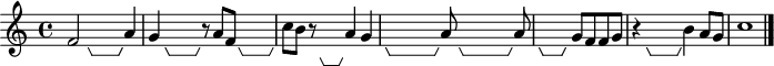 \version "2.18.2"
\header {
  tagline = ##f
}

\layout {
  \context {
    \Voice
    \consists "Horizontal_bracket_engraver"
  }
}

\relative c' {
  \time 4/4
  \autoBeamOff
  f2 \hideNotes  f8\startGroup f\stopGroup \unHideNotes a4 |
  g4 \hideNotes  g16\startGroup g\stopGroup \unHideNotes r8 a8[ f]
  \hideNotes  f8\startGroup f\stopGroup \unHideNotes  |
  c'[ b] r8 \hideNotes  b16\startGroup b\stopGroup \unHideNotes a4 g4  |
  \hideNotes a8\startGroup a a\stopGroup \unHideNotes a8
  \hideNotes a8\startGroup a a\stopGroup \unHideNotes a8 |
  \hideNotes a4\startGroup a\stopGroup \unHideNotes g8[ f f g] |
  r4 \hideNotes g8\startGroup g\stopGroup \unHideNotes b4 a8[ g] |
  c1
  \bar "|."
}