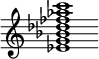 {
  % Rivin lopun pystyviiva ja tahtiosoitus piiloon.
  \override Score.BarLine.break-visibility = ##(#f #t #t)
  \override Staff.TimeSignature #'stencil = ##f
  
  <ees' g' bes' des'' fes'' aes'' c'''>1
}
