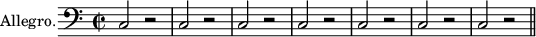 
\language "italiano"
  \relative do {
  \set Staff.instrumentName =  \markup \fontsize #0 #"Allegro."
  \clef bass
  \key do \major
  \time 2/2
  do2 r2 | do2 r2 | do2 r2 | do2 r2 | do2 r2 | do2 r2 | do2 r2 \bar "||"
}
\header { tagline = ##f}
\paper {
  indent = 0
  line-width = #120
}
\layout {
  #(layout-set-staff-size 13)
}
