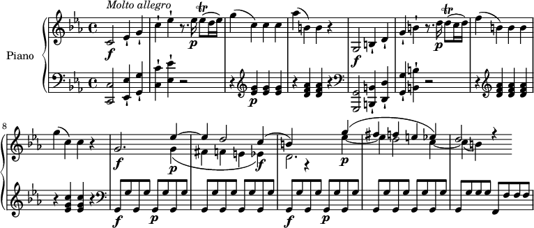 
\version "2.18.2"
\header {
  tagline = ##f
}
upper = \relative c' {
  \clef treble 
  \key ees \major
  \time 4/4
  \tempo "Molto allegro"
  \tempo 4 = 168
  %\autoBeamOff

  % Incipit Mozart, sonate K.457
  c2\f^\markup \italic { Molto allegro }  ees4-! g-!
  c-! ees-! r8. ees16\p ees8\trill( d16 ees) 
  g4( c,) c c
  aes'( b,!) b r4
  g,2\f b4-! d-! 
  g-! b-! r8. d16\p d8\trill( c16 d) 
  f4 ( b,) b b 
  g' ( c,) c r4
  g2. \f << { ees'4\p ~ ees d2 c4~ \f (b) g,\rest } \\ { g'4 (fis4 f e ees ) d2. } >>
  << {g'4\p (fis f e ees) d2 r4 } \\ { ees4 ~ ees d2 c4 ~  c (b)} >>

}

lower = \relative c {
  \clef bass
  \key ees \major
  \time 4/4
    
   < c c, >2 < ees-! ees, >4 < g-! g, > 
   < c-! c, >  < ees-! ees, > r2
   r4 \clef treble 
  < g ees >4 \p \repeat unfold 2 { < g ees >4 } r4 \repeat unfold 2 { < aes f d >4 } r4
  \clef  bass
   < g,,, g' >2 < b-! b' >4 < d-! d' >
   < g-!  g' >  < b-! b' > r2
   r4 \clef treble 
   \repeat unfold 3 { < d' f aes >4 } r4 \repeat unfold 2 { < ees g c >4 } r4
   \clef  bass
   g,,8\f g' g, g' g,\p g' \repeat unfold 5 { g, g'}
   g,8\f g' g, g' g,\p g' \repeat unfold 5 { g, g'}
   g, g' g g f, f' f f
} 

\score {
  \new PianoStaff <<
    \set PianoStaff.instrumentName = #"Piano"
    \new Staff = "upper" \upper
    \new Staff = "lower" \lower
  >>
  \layout {
    \context {
      \Score
      \remove "Metronome_mark_engraver"
    }
  }
  \midi { }
}
