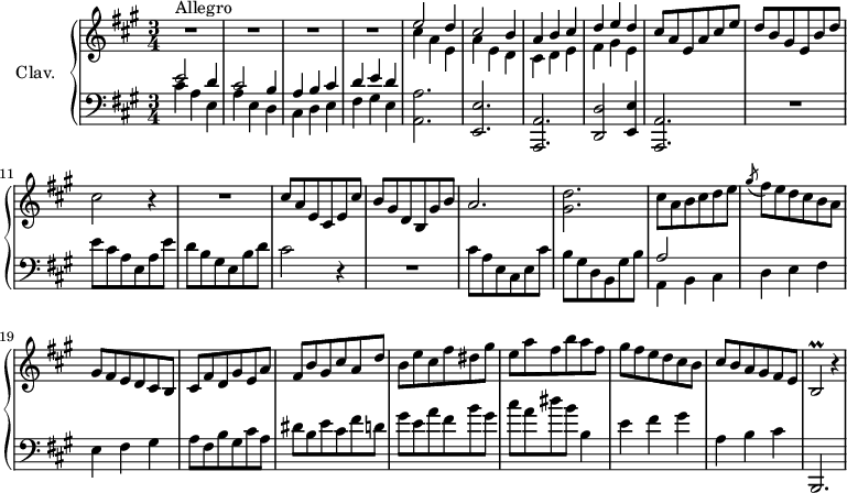 
\version "2.18.2"
\header {
  tagline = ##f
  % composer = "Domenico Scarlatti"
  % opus = "K. 500"
  % meter = "Allegro"
}

%% les petites notes
trillBb     = { \tag #'print { b2\prall } \tag #'midi { cis16 b cis b~ b4 } }

upper = \relative c'' {
  \clef treble 
  \key a \major
  \time 3/4
  \tempo 4 = 162

      s8*0^\markup{Allegro}
      R2.*4 | << { e2 d4 | cis2 b4 | a4 b cis | d e d } 
       \\ { cis4 a e | a e d | cis d e | fis gis e } >>
      % ms. 9
      cis'8 a e a cis e | d b gis e b' d | cis2 r4 | R2. |
      % ms. 13
      cis8 a e cis e cis' | b gis d b gis' b | a2. | < gis d' > | cis8 a b cis d e |
      % ms. 18
      \acciaccatura gis8 fis8 e d cis b a | gis fis e d cis b | cis fis d gis e a | fis b gis cis a d | b e cis fis dis gis |
      % ms. 23
      e8 a fis b a fis | gis fis e d cis b | cis b a gis fis e | \trillBb r4 |
      % ms. 28
      
      % ms. 33
      
      % ms. 38
      

}

lower = \relative c' {
  \clef bass
  \key a \major
  \time 3/4

    % ************************************** \appoggiatura a16  \repeat unfold 2 {  } \times 2/3 { }   \omit TupletNumber 
      << { e2 d4 | cis2 b4 | a4 b cis | d e d } 
       \\ { cis4 a e | a e d | cis d e | fis gis e } >> |
      < a, a' >2. | < e e' >
      % ms. 7
      < a, a' >2. | < d d' >2 < e e' >4 | < a, a' >2. | R2. | e'''8 cis a e a e' | d b gis e b' d |
      % ms. 13
      cis2 r4 | R2. | cis8 a e cis e cis' | b gis d b gis' b | << { a2 } \\ { a,4 b cis } >>
      % ms. 18
      d4 e fis | e fis gis | a8 fis b gis cis a | dis b e cis fis d! | gis e a fis b gis |
      % ms. 23
      cis8 a dis b b,4 | e fis gis | a, b cis | b,,2. 
      % ms. 28
      
      % ms. 33
      
      % ms. 38
      

}

thePianoStaff = \new PianoStaff <<
    \set PianoStaff.instrumentName = #"Clav."
    \new Staff = "upper" \upper
    \new Staff = "lower" \lower
  >>

\score {
  \keepWithTag #'print \thePianoStaff
  \layout {
      #(layout-set-staff-size 17)
    \context {
      \Score
     \override TupletBracket.bracket-visibility = ##f
     \override SpacingSpanner.common-shortest-duration = #(ly:make-moment 1/2)
      \remove "Metronome_mark_engraver"
    }
  }
}

\score {
  \keepWithTag #'midi \thePianoStaff
  \midi { \set Staff.midiInstrument = #"harpsichord" }
}
