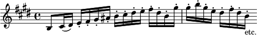 { \relative b { \key e \major \time 4/4
 b8 cis16( dis) e-. fis-. gis-. ais-. b-. cis-. dis-. e-. fis-. dis-. b-. gis'-. |
 gis-. b-. gis-. e-. dis-. fis-. dis-. b-._"etc." } }