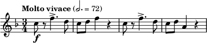 
\relative c' {
\key f \major
\time 3/4
\tempo "Molto vivace" 2. = 72
\tempo 4 = 216
\set Staff.midiInstrument = "violin"
c'8\f r f4.-> d8
c d f4 r
c8 r f4.-> d8
c d a4 r
}
