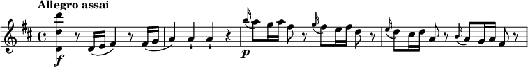 
\relative c'' {
  \key d \major
  \tempo "Allegro assai"
  <d' d, d,>\f r8 d,,16( e fis4) r8 fis16( g a4) a-! a-! r \grace b'16\p(a8 ) g16 a fis8 r \grace g16(fis8 ) e16 fis d8 r \grace e16(d8 ) cis16 d a8 r \grace b16(a8 ) g16 a fis8 r
}
