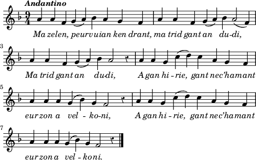 
\header {
  tagline = ##f
}
\score {
  <<
    \new Voice = "kan" {
      \autoBeamOff
      \relative c'' {
        \clef treble
        \key f \major
        \time 9/4
        %        \set melismaBusyProperties = #'()
        \override Rest #'style = #'classical
        \tempo \markup { \italic { Andantino } }
a4 a f g (a) bes a g f | a a f g (a) bes a2 (f4) | \break
a a f g (a) bes a2 r4 | a a g c (d) c a g f | \break
a a a g (bes) g f2 r4 | a a g c (d) c a g f | \break
a a a g (bes) g f2 r4 \bar "|."
      }
    }
    \new Lyrics \lyricsto "kan" 
    {
     \override LyricText #'font-shape = #'italic
Ma zel -- en, peur -- vu -- ian ken drant,
ma trid gant an du -- di,
Ma trid gant an du -- di,
A gan hi -- rie, gant ne -- c’ha -- mant
eur zon a vel -- ko -- ni,
A gan hi -- rie, gant ne -- c’ha -- mant
eur zon a vel -- ko -- ni.
    }
  >>
  \layout { 
    indent = #00
       line-width = #130
       ragged-last = ##t
  }
  \midi {
    \context {
      \Score
      tempoWholesPerMinute = #(ly:make-moment 110 4)
    }
  }
}
