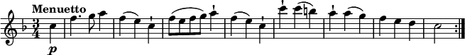 
\relative c' {
     \version "2.18.2"
     \key f  \major
     \tempo "Menuetto"
     \time 3/4
     \tempo 4 = 120
   \partial 4  c'4 \p
    f4. g8 a4
    f (e) c-!
    f8 (e f g) a4-!
    f (e) c-!
    c'-! c (b)
    a-! a (g)
    f e d
    c2  \bar ":|."
  }
