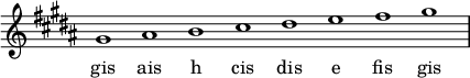  
\new Staff \with {\remove Time_signature_engraver} 
\relative gis' {\key gis \minor \time 8/1 gis1 ais1 b1 cis1 dis1 e1 fis1 gis1 }
\addlyrics { gis ais h cis dis e fis gis }
