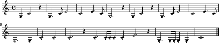 
{
\set Staff.midiInstrument = #"trumpet"
\time 4/4
  g4 c'2 r4
  g4. c'8 e'2
  c'2 e'4. c'8
  g2. r4
  g4 c'2 r4
  g4. c'8 e'2
  c'2 e'4. c'8
  g2.-. g4-.
  c'2-. c'2-.
  c'2.-. r4
  c'4.-. c'16-. c'16-. c'4-. c'4-.
  e'2. r4
  g4.-. g16-. g16-. g4-. g4-.
  c'1
\bar "|."
}
