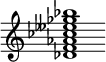 {
  % Rivin lopun pystyviiva ja tahtiosoitus piiloon.
  \override Score.BarLine.break-visibility = ##(#f #t #t)
  \override Staff.TimeSignature #'stencil = ##f
  
  <des' f' aes' ces'' eeses'' ges'' bes''>1
}
