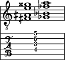  
<<
  %\override Score.BarLine.break-visibility = ##(#f #t #t)
  \time 2/1
    \new Staff  {
    \clef "treble_8"
        \once \override Staff.TimeSignature #'stencil = ##f
        <  fis ais e' gisis'>1 | <  ges bes fes' a'>1 |
    }

     \new TabStaff {
       \override Stem #'transparent = ##t
       \override Beam #'transparent = ##t 
      s2 <  fis\4 ais\3 e'\2 a'\1>1 s2
  }
>>
