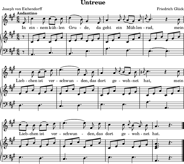 
\header {
  tagline = ##f % no footer
  title = "Untreue"
  composer = "Friedrich Glück"
  poet = "Joseph von Eichendorff"
}

\layout { indent = 0\mm
  \context {
    \Score
    \remove "Bar_number_engraver"
  }
}

global = {
  \key a \major
  \time 6/8
  \partial 8
  \tempo "Andantino"
}

sopranoVoice = \relative c'' {
  \global
  \dynamicUp
  e,8 | cis'4 cis8 cis [(b)] \noBeam cis | d4 (b8) gis4 e8 | a4 a8 \grace b (a) [(gis)] \noBeam a | \stemUp \grace cis (b4.) r4 \stemNeutral b8 |
  b4 b8 b [(cis)] \noBeam d | e4. (e8) \noBeam fis, \noBeam b | a4 a8 \grace cis (b) [(a)] \noBeam b \grace bis (cis4.) r4 cis8
  cis [(b)] \noBeam b b [(cis)] d | e4. (e8) \noBeam fis, \noBeam d' | cis4 cis8 \grace cis (b) (a) \noBeam b | a4. r4. \bar "|."
}

verse = \lyricmode {
  In ein -- nem küh -- len Gru -- de, da geht ein Müh -- len -- rad, mein
  Lieb -- chen ist ver -- schwun -- den, das dort ge -- woh -- net hat, mein
  Lieb -- chen ist ver -- schwun -- den, das dort ge -- woh -- net hat.
}

right = \relative c' {
  \global
  r8 | cis8 e a cis, e a | d, e gis d e gis | cis, e a cis, fis a | e gis b e, gis b |
  e, gis b e, gis b | e, a cis d, fis b | cis, e a d, e gis | cis, e a cis, e a |
  e  gis b e, gis b | e, a cis d, fis b | cis, e a d, e gis | <cis, e a>4. r4.
}

left = \relative c {
  \global
  r8 | a4. cis | b e | a fis | e (e) |
  d  d | cis d | e e | a a, |
  e' d | cis d | e e | a, r
}

sopranoVoicePart = \new Staff \with {
  midiInstrument = "flute"
} { \sopranoVoice }
\addlyrics { \verse }

pianoPart = \new PianoStaff  <<
  \new Staff = "right" \with {
    midiInstrument = "acoustic grand"
    midiMaximumVolume = #0.8
  } \right
  \new Staff = "left" \with {
    midiInstrument = "acoustic grand"
    midiMaximumVolume = #0.6
  } { \clef bass \left }
>>

\score {
  <<
    \sopranoVoicePart
    \pianoPart
  >>
  \layout { }
  \midi { \tempo 4=66 }
}
