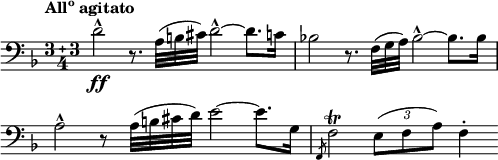 
\language "italiano"

\layout {
  indent = 0 \mm
  short-indent = 0 \mm
  line-width = 12.5 \cm
}

\relative do' {
  \key re \minor
  \clef bass
  \compoundMeter #'((3 3 4))
  \tempo \markup{\concat{All \super{o}} "agitato"}
  \override Score.BarNumber.break-visibility = ##(#f #f #f)
  \once \omit TupletNumber 
  re2^^_\ff r8. \once \omit TupletNumber \tuplet 3/2 {la32( si dod)} re2~^^ re8. do16 | sib!2 r8. \once \omit TupletNumber \tuplet 3/2 {fa32( sol la)} sib2~^^ sib8. sib16 | \break
  la2^^ r8 la32[( si dod re]) mi2~ mi8. sol,16 | \slashedGrace fa,8 fa'2^\trill \tupletUp \tuplet 3/2 {mi8( fa la)} fa4^.
}
