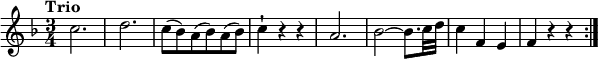 
\version "2.18.2"
\relative c'' {
  \key f \major
  \time 3/4
  \tempo "Trio"
  \tempo 4 = 142
  c2.
  d
  c8 (bes) a (bes) a (bes)
  c4-! r r 
  a2.
  bes2~ bes8. c32 d
  c4 f, e
  f r r \bar ":|."
}
