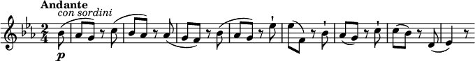 
\relative c''' {
  \version "2.18.2"
  \tempo "Andante"
  \key ees \major
  \time 2/4
  \tempo 4 = 50	
  \partial 4 \partial 8 bes,8\p^\markup { \italic {con sordini} } (aes g) r8
  c8 (bes aes) r8
  aes (g f) r8 bes (aes g) r8
  ees'-! ees (f,) r8 bes-!
  aes (g) r8 c-!
  c (bes) r8
  d, (ees4) r8
}
