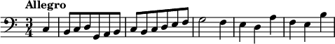 \relative c{ \clef bass \time 3/4 \tempo "Allegro" \partial 4 c
| b8 c8 d8 g,8 a8 b8| c8 b8 c8 d8 e8 f8| g2 f4 | e4 d4 a'4|f4 e4 b'4|}