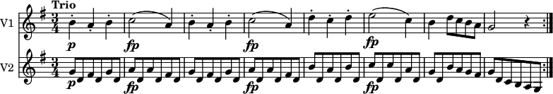 
<<
\new Staff \with { instrumentName = #"V1 "}  \relative c'' {
    \version "2.18.2"
    \key g \major 
    \tempo "Trio"
    \time 3/4
    b4-.\p a-. b-.
    c2\fp (a4)
    b4-. a-. b-.
    c2\fp (a4)
    d4-. c-. d-.
    e2\fp (c4)
    b d8 c b a
    g2 r4 \bar ":|."
}
\new Staff \with { instrumentName = #"V2 "} \relative c'' {
    \key g \major 
    \time 3/4
     g8 \p d fis d g d
    a' \fp d, a' d, fis d
     g  d fis d g d
     a' \fp d, a' d, fis d
     b'  d, a' d, b' d,
     c' \fp d, c' d, a' d,
     g d b' a g fis
     g d c b a g \bar ":|."
}
>>
