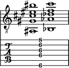  
<<
  %\override Score.BarLine.break-visibility = ##(#f #t #t)
  \time 2/1
    \new Staff  {
    \clef "treble_8"
        \once \override Staff.TimeSignature #'stencil = ##f
        <ais,  gis cis' eis' bis'>1 | <bes,  aes des' f' c''>1 |
    }

     \new TabStaff {
       \override Stem #'transparent = ##t
       \override Beam #'transparent = ##t 
      s2 <ais,\6  gis\4 cis'\3 f'\2 c''\1>1 s2
  }
>>
