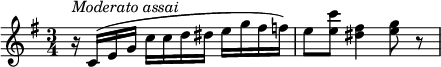 {
  \clef violin \key g \major \time 3/4 \tempo 4 = 80
  \set Score.tempoHideNote = ##t
  r16^\markup{\italic{Moderato assai}} c'( e' g' c'' c'' d'' dis'' e'' g'' fis'' f'')
  e''8 <e'' c'''>( <dis'' fis''>4 <e'' g''>8 r
}