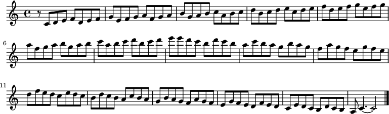 
{

r8
\modalTranspose c c' { c d e f g a b } { c8 d e f } 
\modalTranspose c d' { c d e f g a b } { c d e f } 
\modalTranspose c e' { c d e f g a b } { c d e f } 
\modalTranspose c f' { c d e f g a b } { c d e f } 
\modalTranspose c g' { c d e f g a b } { c d e f } 
\modalTranspose c a' { c d e f g a b } { c d e f } 
\modalTranspose c b' { c d e f g a b } { c d e f } 
\modalTranspose c c'' { c d e f g a b } { c d e f } 
\modalTranspose c d'' { c d e f g a b } { c d e f } 
\modalTranspose c e'' { c d e f g a b } { c d e f } 
\modalTranspose c f'' { c d e f g a b } { c d e f } 
\modalTranspose c g'' { c d e f g a b } { c d e f } 
\modalTranspose c a'' { c d e f g a b } { c d e f } 
\modalTranspose c b'' { c d e f g a b } { c d e f } 

\modalInversion c e''' { c d e f g a b } { c d e f } 
\modalInversion c d''' { c d e f g a b } { c d e f } 
\modalInversion c c''' { c d e f g a b } { c d e f } 
\modalInversion c b'' { c d e f g a b } { c d e f } 
\modalInversion c a'' { c d e f g a b } { c d e f } 
\modalInversion c g'' { c d e f g a b } { c d e f } 
\modalInversion c f'' { c d e f g a b } { c d e f } 
\modalInversion c e'' { c d e f g a b } { c d e f } 
\modalInversion c d'' { c d e f g a b } { c d e f } 
\modalInversion c c'' { c d e f g a b } { c d e f } 
\modalInversion c b' { c d e f g a b } { c d e f } 
\modalInversion c a' { c d e f g a b } { c d e f } 
\modalInversion c g' { c d e f g a b } { c d e f } 
\modalInversion c f' { c d e f g a b } { c d e f } 
\modalInversion c e' { c d e f g a b } { c d e f } 
\modalInversion c d' { c d e f g a b } { c d e f } 

c'4.~ c'2

\bar "|."
}
