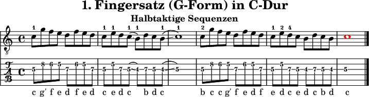 
\version "2.20.0"
\header {
  title="1. Fingersatz (G-Form) in C-Dur"
  subtitle="Halbtaktige Sequenzen"
}
%% Diskant- bzw. Melodiesaiten
Diskant = \relative c' {
  \set TabStaff.minimumFret = #4
  \set TabStaff.restrainOpenStrings = ##t
  \key c \major
  c8-1 g' f e   d f e d
  c-1 e-1 d c-1(\glissando b-1) d c b-1(\glissando  c1-1)
  c8-2 g' f e   d f e d
  c-1 e-2 d-4 c b d c b   \once \override NoteHead #'color = #red c1 
  \bar "|."
}

%% Layout- bzw. Bildausgabe
\score {
  <<
    \new Voice  { 
      \clef "treble_8" 
      \time 4/4  
      \tempo 4 = 120 
      \set Score.tempoHideNote = ##t
      \Diskant \addlyrics {
   c8 g' f e   d f e d
  c e d c b d c b  c1
  c8 g' f e   d f e d
  c e d c b d c b c     
      }
    }
    \new TabStaff { \tabFullNotation \Diskant }
  >>
  \layout {}
}

%% Midiausgabe mit Wiederholungen, ohne Akkorde
\score {
  <<
    \unfoldRepeats {
      \new Staff  <<
        \tempo 4 = 120
        \time 4/4
        \set Staff.midiInstrument = #"acoustic guitar (nylon)"
        \clef "G_8"
        \Diskant
      >>
    }
  >>
  \midi {}
}
%% unterdrückt im raw="!"-Modus das DinA4-Format.
\paper {
  indent=0\mm
  %% DinA4 = 210mm - 10mm Rand - 20mm Lochrand = 180mm
  line-width=180\mm
  oddFooterMarkup=##f
  oddHeaderMarkup=##f
  % bookTitleMarkup=##f
  scoreTitleMarkup=##f
}
