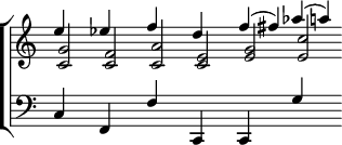 \layout {
  \context {
    \ChoirStaff
    \consists #Span_stem_engraver
  }
}

{ \new ChoirStaff <<
  \new Staff << 
    \new Voice \relative e'' { \time 8/2 \override Score.TimeSignature #'stencil = ##f \stemUp
      e4 s ees s f s d s f^( fis) aes^( a) }
    \new Voice \relative g' { \stemUp
      <g c,>2 <f c> <a c,> <e c> <g e> <c e,> }
   >>
  \new Staff { \clef bass \voiceOne
    \crossStaff { c4 s f, s f s c, s c, s g s } }
  >>
}
\midi { }
\header { tagline = ##f }