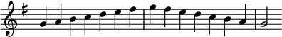   {
\override Score.TimeSignature #'stencil = ##f
\relative c'' {
  \clef treble \key g \major \time 7/4 g4 a b c d e fis g fis e d c b a g2
} }

