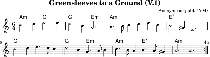 
\version "2.20.0"
\header {
 title = "Greensleeves to a Ground (V.1)"
 composer = "Anonymous (publ. 1704)"
 % arranger = "arr: ccbysa Mjchael"
}
% Akkorde
akkorde = \chordmode {
  \germanChords
  \set Staff.midiInstrument = #"acoustic guitar (nylon)"
  % Akkorde nur beim Wechsel Notieren
  \set chordChanges = ##t
  \repeat volta 4 {
    a2.:m c, g, e,:m
    a:m a,:m e:7 e,:7
    c, c g e:m
    a:m e,:7 a,1.:m
  }
}

melodie = \relative c' {
  \clef "treble"
  \time 6/4
  \tempo 4 = 120
  %Tempo ausblenden
  \set Score.tempoHideNote = ##t
  \key a\minor
  \set Staff.midiInstrument = #"recorder"
  \repeat volta 4 {
    c'2 d4 e2 4 | d2 b4 g2. | 
    a4. b8 c4 d e c | b2 gis4 e2. | \break
    c'2 d4 e4. d8 c4 | d2 b4 g4. a8 b4 | 
    c4. b8 a4 b4. a8 gis4 | a2. a
    \mark "4x"
  }
}
\score {
  <<
    \new ChordNames { \akkorde }
    \new Voice = "Lied" { \melodie }
  >>
  \layout { }
}
\score {
  \unfoldRepeats {
  <<
    \new ChordNames { \akkorde }
    \new Voice = "Lied" { \melodie }
  >>
  }
  \midi { }
}
% unterdrückt im raw="!"-Modus das DinA4-Format.
\paper {
  indent=0\mm
  % DinA4 0 210mm - 10mm Rand - 20mm Lochrand = 180mm
  line-width=180\mm
  oddFooterMarkup=##f
  oddHeaderMarkup=##f
  % bookTitleMarkup=##f
  scoreTitleMarkup=##f
}
