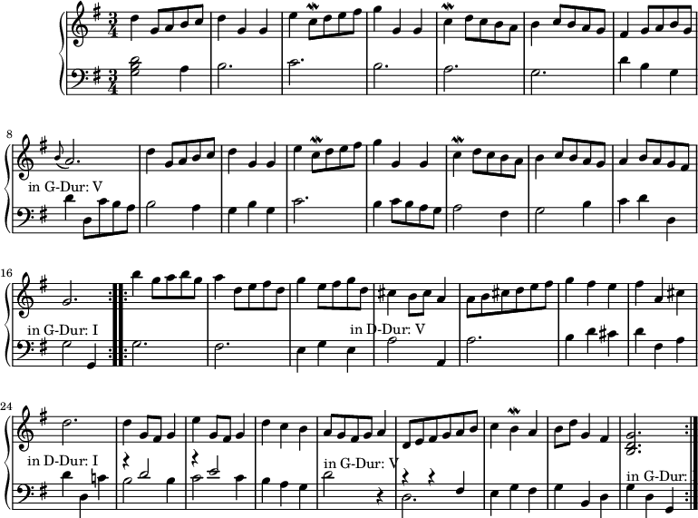 
\version "2.14.2"
\header {
  tagline = ##f
}
upper = \relative c'' {
  \clef treble 
  \key g \major
  \time 3/4
  \tempo 2 = 72
  %\autoBeamOff

\repeat volta 2 { d4 g,8 a b c | d4 g, g | e' c8\mordent d e fis | g4 g, g | c\mordent d8 c b a | b4 c8 b a g | fis4 g8 a b g |  \grace b8( a2.)  d4 g,8 a b c | d4 g, g | e' c8\mordent d e fis | g4 g, g | c\mordent d8 c b a | b4 c8 b a g | a4 b8 a g fis |  g2. }

\repeat volta 2 {
b'4 g8 a b g a4 d,8 e fis d g4 e8 fis g d cis4 b8 cis a4 a8 b cis d e fis g4 fis e fis a, cis d2.
d4 g,8 fis g4 e' g,8 fis g4 d' c b a8 g fis g a4 | d,8 e fis g a b c4 b\mordent a b8 d g,4 fis <b, d g>2. }
}
lower = \relative c' {
  \clef bass
  \key g \major
  \time 3/4

    < g b d >2 a4 | b2. c2. b2. a2. g2. | d'4 b g | d'^\markup {\center-align "in G-Dur: V"} d,8 c' b a 
    b2 a4 | g b g c2. b4 c8 b a g a2 fis4 | g2 b4 | c d d, g2^\markup {\center-align "in G-Dur: I"} g,4
    g'2. fis e4 g e a2^\markup {\center-align "in D-Dur: V"} a,4 a'2. b4 d cis d fis, a d^\markup {\center-align "in D-Dur: I"} d, c'!
       <<
         {
           \voiceOne
           r4 d2 r4 e2
         }
         \new Voice {
           \voiceTwo
           b2 b4 c2 c4
         }
       >>
    \oneVoice  
    b a g d'2^"in G-Dur: V" r4

     <<
         {
           \voiceOne
           r4 r fis,
         }
         \new Voice {
           \voiceTwo
           d2.
         }
       >>
    \oneVoice  
    e4 g fis g b, d g^\markup {"in G-Dur: I"} d g,
}

\score {
  \new PianoStaff <<
    \new Staff = "upper" \upper
    \new Staff = "lower" \lower
  >>
  \layout {
    \context {
      \Score
      \remove "Metronome_mark_engraver"
    }
  }
  \midi { }
}
