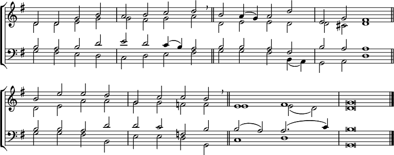 
\new ChoirStaff <<
  \new Staff { \clef treble \time 4/2 \key g \major \set Staff.midiInstrument = "church organ" \omit Staff.TimeSignature \set Score.tempoHideNote = ##t \override Score.BarNumber  #'transparent = ##t \override Staff.NoteHead.style = #'altdefault
  \relative c'
  << { d2 d g b | a b c d \breathe \bar"||" b a4( g) a2 d | e, g fis1 \bar"||" \break
       b2 e e d | g, c c b \breathe \bar"||" e,1 fis | g \breve \bar"|." } \\
  { d2 d e g | g fis g a | d, e e d | d cis d1
    d2 e a a | g g f f | e1 e2( d) | d \breve } >>
  } 
\new Staff { \clef bass \key g \major \set Staff.midiInstrument = "church organ" \omit Staff.TimeSignature \override Staff.NoteHead.style = #'altdefault
  \relative c'
  << { b2 a b d | e d c4( b) a2 | b b a fis | b a a1
       b2 b a d | d c f, b | b( a) a2.( c4) | b \breve } \\
  { g2 fis e d | c d e fis | g g fis b,4( a) | g2 a d1
    g2 g fis b, | e e d g, | c1 d | g, \breve } >>
  } 
>>
\layout { indent = #0 }
\midi { \tempo 2 = 84 }
