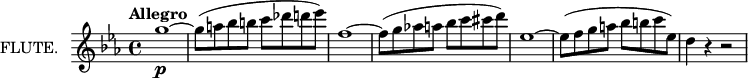 
\new Staff = "flute" \with {
  instrumentName = "FLUTE."
  midiInstrument = "flute"
} \relative c'' {
  \key ees \major
  \tempo "Allegro"
  g'1~\p
  g8( a bes b c des d ees)
  f,1~
  f8( g aes! a bes c cis d)
  ees,1~
  ees8( f g a bes b c ees,)
  d4 r r2
}
\layout {
  indent = 2\cm
}
