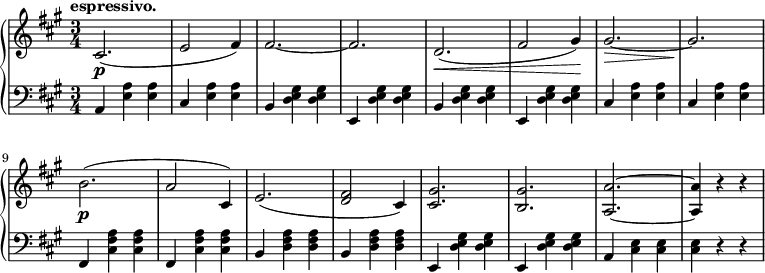 
 \relative g'' {
  \new PianoStaff <<
   \new Staff { \key fis \minor \time 3/4
    \tempo \markup {
     \column {
      \line { espressivo. }
   }
    }
    cis,,2.\p( e2 fis4) fis2.~ fis d2.\<( fis2 gis4\!) gis2.~\> gis\! b\p( a2 cis,4) e2.( <d fis>2 cis4) <cis gis'>2. <b gis'> <a a'>~ <a a'>4 r r
   }
   \new Staff { \key fis \minor \time 3/4 \clef bass
   a, <e' a> <e a> cis <e a> <e a> b <d e gis> <d e gis> e, <d' e gis> <d e gis> b <d e gis> <d e gis> e, <d' e gis> <d e gis> cis <e a> <e a> cis <e a> <e a> fis, <a' fis cis> <a fis cis> fis, <a' fis cis> <a fis cis> b, <a' fis d> <a fis d> b, <a' fis d> <a fis d>e, <d' e gis> <d e gis> e, <d' e gis> <d e gis> a <cis e> <cis e> <cis e> r r
   }
  >>
 }
