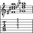  
<<
  %\override Score.BarLine.break-visibility = ##(#f #t #t)
  \time 2/1
    \new Staff  {
    \clef "treble_8"
        \once \override Staff.TimeSignature #'stencil = ##f
        <  fis cis' e' a'>1 | <  ges des' fes' beses'>1 |
    }

     \new TabStaff {
       \override Stem #'transparent = ##t
       \override Beam #'transparent = ##t 
      s2 <  fis\4 cis'\3 e'\2 a'\1>1 s2
  }
>>
