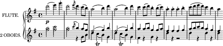 
\new GrandStaff <<
  \new Staff = "flute" \with {
    instrumentName = "FLUTE."
    midiInstrument = "flute"
  } \relative c'' {
    \key g \major
    d'2(\p e4) g\staccato
    d2 \acciaccatura {e8} d4 c8( b)
    a2( b4) d
    a2( b4) d
    c c8( d) b4\staccato b8( c)
    a4\staccato a\staccato a\staccato b\staccato
    c8( d e d) c4 b
    a
  }
  \new Staff = "oboe" \with {
    instrumentName = "2 OBOES."
    midiInstrument = "oboe"
  } <<
    \new Voice = "first" \relative c'' {
      \voiceOne
      \key g \major
      \stemDown
      b'2 c
      b \stemUp \acciaccatura {c8} b4 a8 g
      fis2( g4) b
      fis2( g4) b
      a a8 b g4 g8 a
      fis4 fis fis g
      a8 b c b a4 g
      fis
    }
    \new Voice = "second" \relative c'' {
      \voiceTwo
      g'2 g
      g r4 g,8 b
      d4 c(_\trill b) g
      d' c(_\trill b) g
      fis r g r
      d' r r2
      d4 r d r
      d
    }
  >>
>>
\layout {
  indent = 2\cm
}

