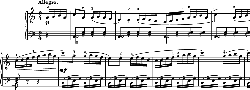 
sVarB = { r4 | << { \voiceOne c8[<e g>_. <e g>_. <e g>_.] | c8[<e g>_. <e g>_. <e g>_.] | c8[<e g>_. <f g>_. <f g>_.] | c8[<e g>_. <f g>_. <f g>_.] | c8[<e g>_. <e g>_. <e g>_.] | c8[<e g>_. <e g>_. <e g>_.] | c8[<e g> <f g> <f g>] | <e g>8 } \new Voice { \voiceTwo c2_5 | c2 | c2 | c2 | c2 | c2 | c2( | c8) } >> \oneVoice r8 r4 | c16([g' e g]) c,([g' e g]) | c,([g' e g]) c,([g' e g]) | c,([g' e g]) c,([g' e g]) | c,([g' e g]) c,([g' e g]) | c,([g' e g]) c,([g' e g]) | c,([g' e g]) c,([g' e g]) | c,([g' e g]) c,([g' f g]) | <c, e g>4 }

sVarA = { \partial 4 g16-2\p[a b g] | c8)[g-.-2] \slurDown g16-3([a g f] | e8)[e-.-2] e16-3([f e d] | c[d e f-1] g-2[a b g] | c4->) g16-2([a b g] | 
c8)[g-.-2] g16-3([a g f] | e8)[e-.-2] e16-3([f e d] | c[d e f-1] g[a b g]) | \slurNeutral c-1( \< [d e f-1] g[a b g]\! | c8)\mf[g-.-2] g16-3([a g f] | e8)[e-.-2] e16-3([f e d] | 
c[d e f-1] g-2[a b g] | c4) g16-2([a b g] | c8)[g-.-2] g16-3([a g f] | e8)[e-.-2] e16-3([f e d] | c[d e f-1] g-2[a b g] | c4) \bar "||" }

\paper { #(set-paper-size "a2") oddHeaderMarkup = \evenHeaderMarkup }
\header { tagline = ##f }
\version "2.18.2"
\score {
\midi {  }
\layout { line-width = #320
\context { \PianoStaff \consists #Span_stem_engraver } indent = 2\cm}
\new PianoStaff <<
  \new Staff { \clef 
"violin" \key c \major \time 2/4 \tempo \markup { \bold "Allegro." } \relative f' { \sVarA } }
  \new Staff { \clef "bass" \key c \major \time 2/4 \relative c { \sVarB } }
>> }