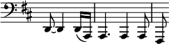 
 \relative c' \new Staff \with { \remove "Time_signature_engraver" } { \key b \minor \time 3/4 \partial 2 \clef bass
  d,,8~ d4 d16( a) a4. a4 a8 fis
 }
