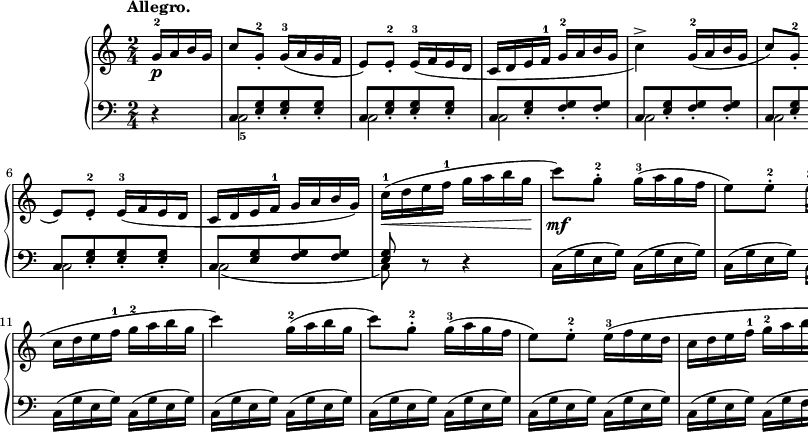 
sVarB = { r4 | << { \voiceOne c8[<e g>_. <e g>_. <e g>_.] | c8[<e g>_. <e g>_. <e g>_.] | c8[<e g>_. <f g>_. <f g>_.] | c8[<e g>_. <f g>_. <f g>_.] | c8[<e g>_. <e g>_. <e g>_.] | c8[<e g>_. <e g>_. <e g>_.] | c8[<e g> <f g> <f g>] | <e g>8 } \new Voice { \voiceTwo c2_5 | c2 | c2 | c2 | c2 | c2 | c2( | c8) } >> \oneVoice r8 r4 | c16([g' e g]) c,([g' e g]) | c,([g' e g]) c,([g' e g]) | c,([g' e g]) c,([g' e g]) | c,([g' e g]) c,([g' e g]) | c,([g' e g]) c,([g' e g]) | c,([g' e g]) c,([g' e g]) | c,([g' e g]) c,([g' f g]) | <c, e g>4 }

sVarA = { \partial 4 g16-2\p[a b g] | c8)[g-.-2] \slurDown g16-3([a g f] | e8)[e-.-2] e16-3([f e d] | c[d e f-1] g-2[a b g] | c4->) g16-2([a b g] | 
c8)[g-.-2] g16-3([a g f] | e8)[e-.-2] e16-3([f e d] | c[d e f-1] g[a b g]) | \slurNeutral c-1( \< [d e f-1] g[a b g]\! | c8)\mf[g-.-2] g16-3([a g f] | e8)[e-.-2] e16-3([f e d] | 
c[d e f-1] g-2[a b g] | c4) g16-2([a b g] | c8)[g-.-2] g16-3([a g f] | e8)[e-.-2] e16-3([f e d] | c[d e f-1] g-2[a b g] | c4) \bar "||" }

\paper { #(set-paper-size "a3") oddHeaderMarkup = \evenHeaderMarkup }
\header { tagline = ##f }
\version "2.18.2"
\score {
\midi {  }
\layout { line-width = #220
\context { \PianoStaff \consists #Span_stem_engraver } indent = 2\cm}
\new PianoStaff <<
  \new Staff { \clef 
"violin" \key c \major \time 2/4 \tempo \markup { \bold "Allegro." } \relative f' { \sVarA } }
  \new Staff { \clef "bass" \key c \major \time 2/4 \relative c { \sVarB } }
>> }