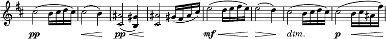 
<<
 \relative c'' \new Staff \with { \remove "Time_signature_engraver" } {
  \key d \major \time 3/4 \set Score.tempoHideNote = ##t \tempo "" 8=116
  cis2( b16 cis d cis) cis2( b4) <ais cis,>2( <gis b,>4) <ais cis,>2 gis16( fis ais cis)
  e2( d16 e fis e) e2( d4) cis2( b16 cis d cis) cis2( b16 cis ais fis')
 }
 \new Dynamics {
  s2.\pp s2\< s4\! s4\pp s8 s\< s4 s2.\!
  s4.\mf s8\< s4 s2\> s4\! s4\dim s\! s s\p s s8.\< s16\!
 }
>>
