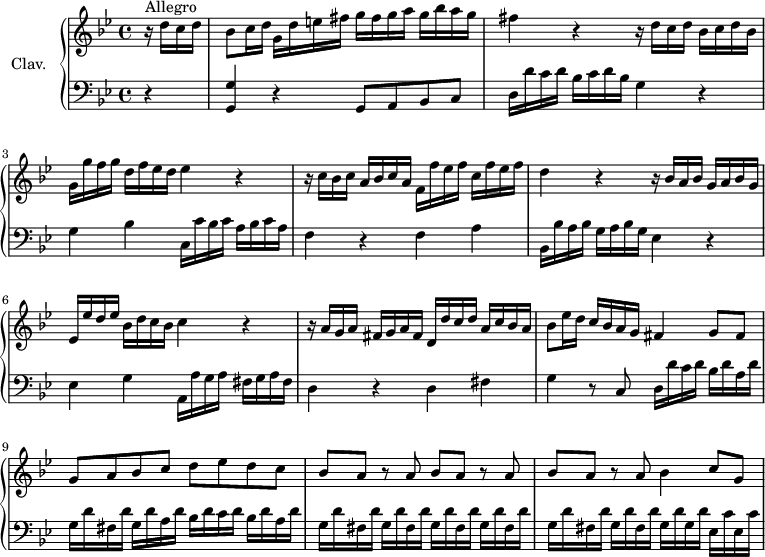 
\version "2.18.2"
\header { 
  tagline = ##f
}

%% les petites notes
trillFq   = { \tag #'print { f8\trill } \tag #'midi { g32 f g f } }

upper = \relative c'' {
  \clef treble 
  \key g \minor
  \time 4/4
  \tempo 4 = 80
  \set Staff.midiInstrument = #"harpsichord"

      s8*0^\markup{Allegro}
      \partial 4
      r16 d16 c d | bes8 c16 d g, d' e fis g fis g a  g bes a g | fis4 r4 r16 d16 c d bes c d bes | g g' f g d f ees d ees4 r4 |
      % ms. 4
      r16 c16 bes c a bes c a f f' ees f c f ees f | d4 r4 r16 bes a bes g a bes g |
      % ms. 6
      ees16 ees' d ees bes d c bes c4 r4 | r16 a16 g a fis g a fis d d' c d a c bes a |
      % ms. 8
      bes8 ees16 d c bes a g fis4 g8 fis | g a bes c d ees d c | bes a r8 \repeat unfold 2 { a8 bes[ a] r8 } a8 bes4 c8 g |
      % ms. 12
      

}

lower = \relative c {
  \clef bass
  \key g \minor
  \time 4/4
  \set Staff.midiInstrument = #"harpsichord"

    % **************************************
      r4 | < g g' >4 r4 g8 a bes c | d16 d' c d bes c d bes g4 r4 | g4 bes c,16 c' bes c a bes c a |
      % ms. 4
      f4 r4 f4 a | bes,16 bes' a bes g a bes g ees4 r4 | ees4 g a,16 a' g a  fis g a fis | d4 r4 d4 fis |
      % ms. 8
      g4 r8 c,8 d16 d' c d bes d a d g, d' fis, d' g, d' a d bes d c d bes d a \repeat unfold 6 { d g, d' fis, } d' g, d' g, d' ees, c' ees, c' |
      % ms. 12
      

}

thePianoStaff = \new PianoStaff <<
    \set PianoStaff.instrumentName = #"Clav."
    \new Staff = "upper" \upper
    \new Staff = "lower" \lower
  >>

\score {
  \keepWithTag #'print \thePianoStaff
  \layout {
      #(layout-set-staff-size 17)
    \context {
      \Score
     \override SpacingSpanner.common-shortest-duration = #(ly:make-moment 1/2)
      \remove "Metronome_mark_engraver"
    }
  }
}

\score {
  \keepWithTag #'midi \thePianoStaff
  \midi { }
}
