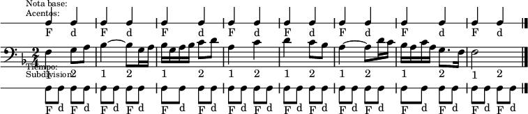 <<
  \new DrumStaff \with {
  \override VerticalAxisGroup #'default-staff-staff-spacing =
    #'((basic-distance . 3.5)
       (padding . .25))
  } {
    \override Score.SystemStartBar #'stencil = ##f
    \override Staff.StaffSymbol #'line-count = #1
    \override Staff.Clef #'stencil = ##f
    \override Staff.TimeSignature #'stencil = ##f
    \once \override Score.RehearsalMark #'extra-offset = #'(0 . -15)
    \mark \markup \tiny { \right-align
                          \column {
                            \line {"Nota base:"}
                            \line {"Acentos:"}
                            \line {\lower #9 "Tiempo:"}
                            \line {"Subdivision:"}
                          }
    }
    \stemUp
    \repeat unfold 8 { c4_"F" c_"d" }
  }
  \new Staff \with {
    \override VerticalAxisGroup #'default-staff-staff-spacing =
      #'((basic-distance . 3.5)
        (padding . 1.5))
  } {
    <<
      \relative c {
        \clef bass
        \key f \major
        \time 2/4
        f4 g8 a bes4~ bes8 g16 a
        bes g a bes c8 d a4 c
        d4 c8 bes a4~ a8 d16 c
        bes a c a g8. f16 f2
        \bar "|."
      }
      \new Voice {
        \override TextScript #'staff-padding = #2
        \repeat unfold 8 {s4_"1" s_"2"}
      }
    >>
  }
  \new DrumStaff {
    \override Staff.StaffSymbol #'line-count = #1
    \override Staff.Clef #'stencil = ##f
    \override Staff.TimeSignature #'stencil = ##f
    \stemDown
    \repeat unfold 16 {c8_"F" c_"d"}
  }
>>