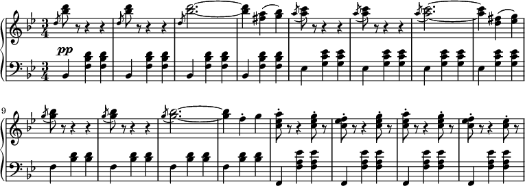 
 \relative c' {
  \new PianoStaff <<
   \new Staff { \key g \minor \time 3/4 
\set Score.tempoHideNote = ##t
     \tempo 2. = 52
      \slashedGrace d'8 <bes' d> r r4 r \slashedGrace d,8 <bes' d> r r4 r \slashedGrace d,8 <bes' d>2.~ <bes d>4 <fis a>( <g bes>) \slashedGrace a8( <a c>) r r4 r \slashedGrace a8( <a c>) r r4 r \slashedGrace a8( <a c>2.~) <a c>4 <d, fis>( <ees g>) \slashedGrace g8( <g bes>) r r4 r \slashedGrace g8( <g bes>) r r4 r \slashedGrace g8( <g bes>2.~) <g bes>4 f-. g <c, ees a>8-. r r4 <c ees g>8-. r <c ees f>8-. r r4 <c ees g>8-. r <c ees a>-. r r4 <c ees g>8-. r <c ees f>-. r r4 <c ees>8-. r
   }
   \new Dynamics {
    \slashedGrace s8 s\pp
      }
   \new Staff { \key g \minor \time 3/4 \clef bass \slashedGrace s8
      bes,,4 <f' bes d> <f bes d>     bes, <f' bes d> <f bes d> 
         bes, <f' bes d> <f bes d>       bes, <f' bes d> <f bes d> 
         ees <g c ees> <g c ees>         ees <g c ees> <g c ees> 
         ees <g c ees> <g c ees>         ees <g c ees> <g c ees> 
         f <bes d> <bes d>               f <bes d> <bes d> 
         f <bes d> <bes d>               f <bes d> <bes d> 
         f, <f' a ees'> <f a ees'>       f, <f' a ees'> <f a ees'> 
         f, <f' a ees'> <f a ees'>       f, <f' a ees'> <f a ees'>
   }
  >>
 }
