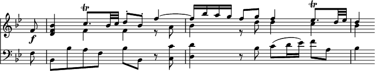 { << \new Staff \relative f' { \key bes \major \override Score.TimeSignature #'stencil = ##f \partial 8
  f8\f | <bes f d>4
  << { c8.\trill bes32 c d8-. bes-. f'4 ^~ |
       f16 bes a g f8 g f4 ees8.\trill d32 ees | d4 } \\
     { f,4 f r8 a | bes4 r8 d d4 c | bes } >> }
\new Staff \relative f { \clef bass \key bes \major
  f8 | bes, bes' a f bes8 bes,r <c c'>8 |
  <d d'>4 r8 bes' c( d16 ees) f8 a, | bes4 } >> }