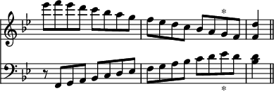 { \override Score.TimeSignature #'stencil = ##f \time 4/4 \key bes \major << \relative e''' { ees8 f ees d c bes a g | f ees d c bes a g^"*" f | <f d'>4 \bar "||" }
\new Staff { \clef bass \key bes \major \relative f, { r8 f g a bes c d ees f g a bes c d ees_"*" d <d bes>4 } } >> }