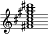 {
  % Rivin lopun pystyviiva ja tahtiosoitus piiloon.
  \override Score.BarLine.break-visibility = ##(#f #t #t)
  \override Staff.TimeSignature #'stencil = ##f
  
  <fis' a' cis'' e'' gis'' b'' dis'''>1
}
